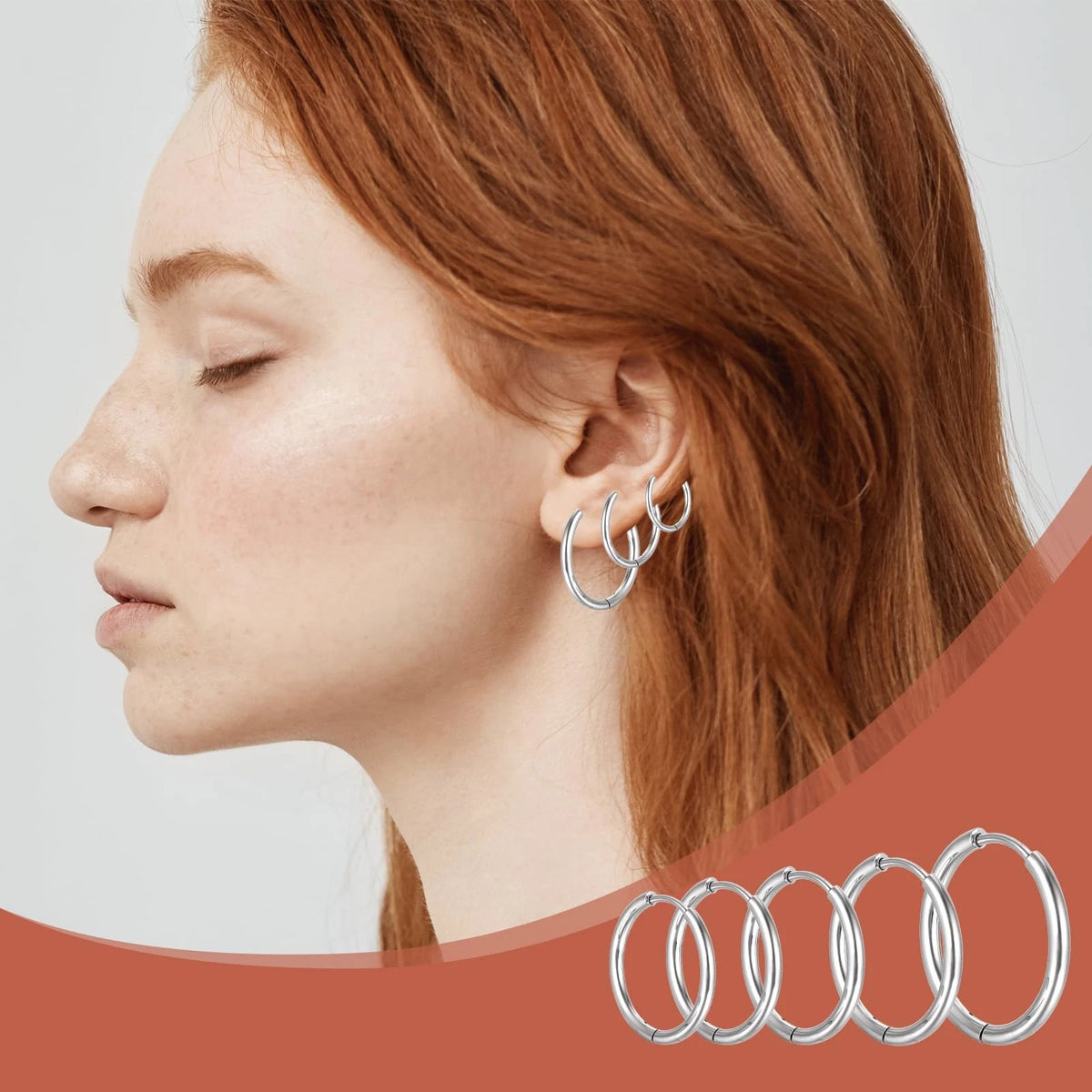 Set of 7 Stainless Steel Hoop Earrings 8-20 mm, Silver