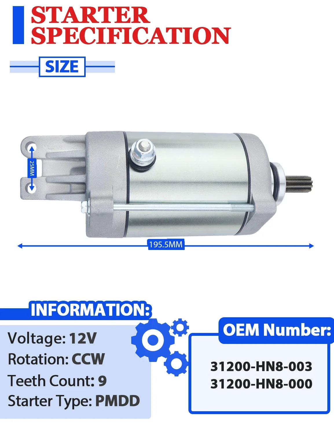 Starter Motor with Solenoid Relay for Honda Pioneer 700 SXS700M (2014–2019)
