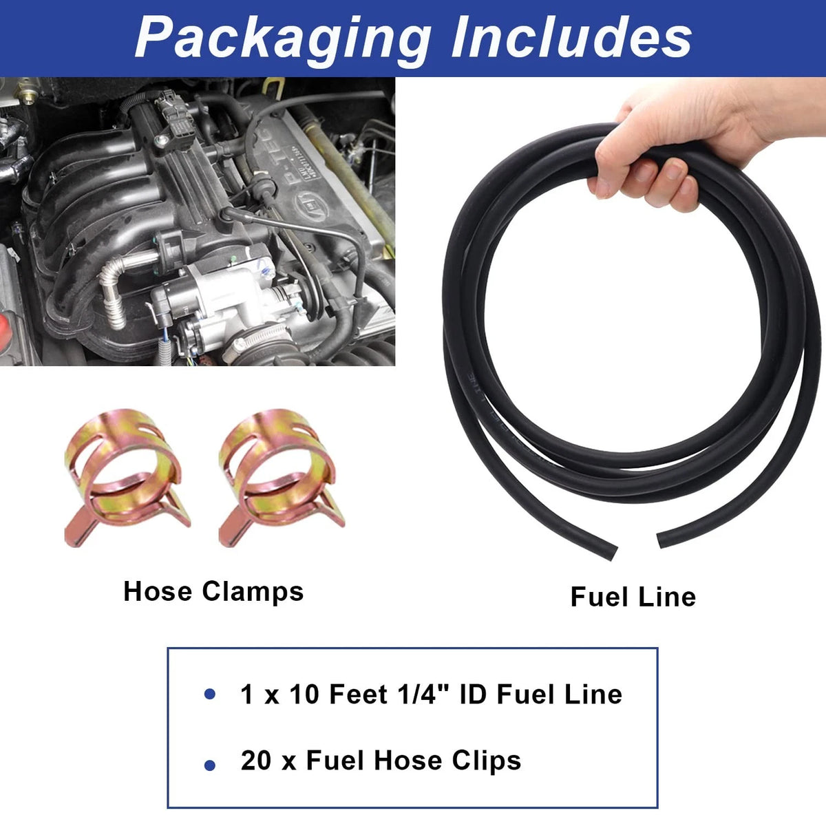 1/4 Inch ID Fuel Line Hose 10 Feet with 20 Clamps for Universal Use