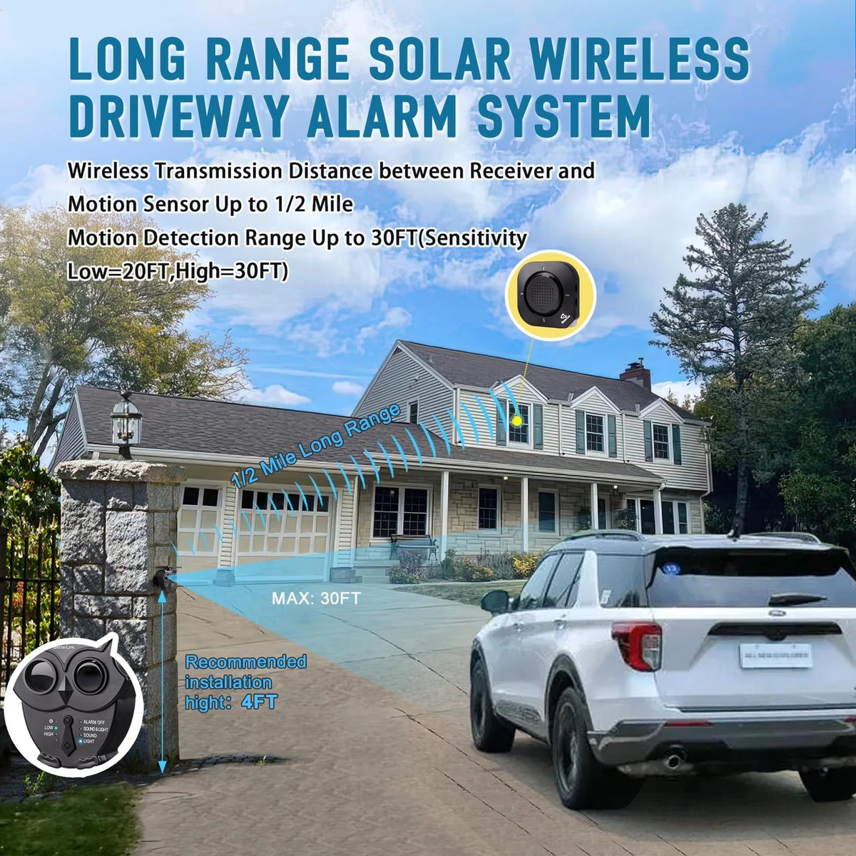 1 Receiver and 1 Sensor Solar Wireless Driveway Alarm (1/2 Mile Range)