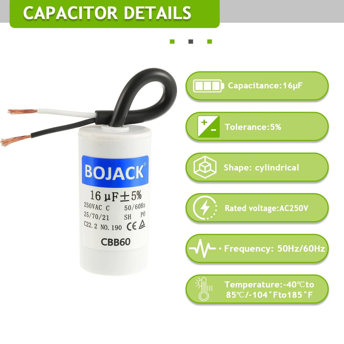 Run Capacitor 16 uF 250V AC CBB60 2 Wire for Various Applications