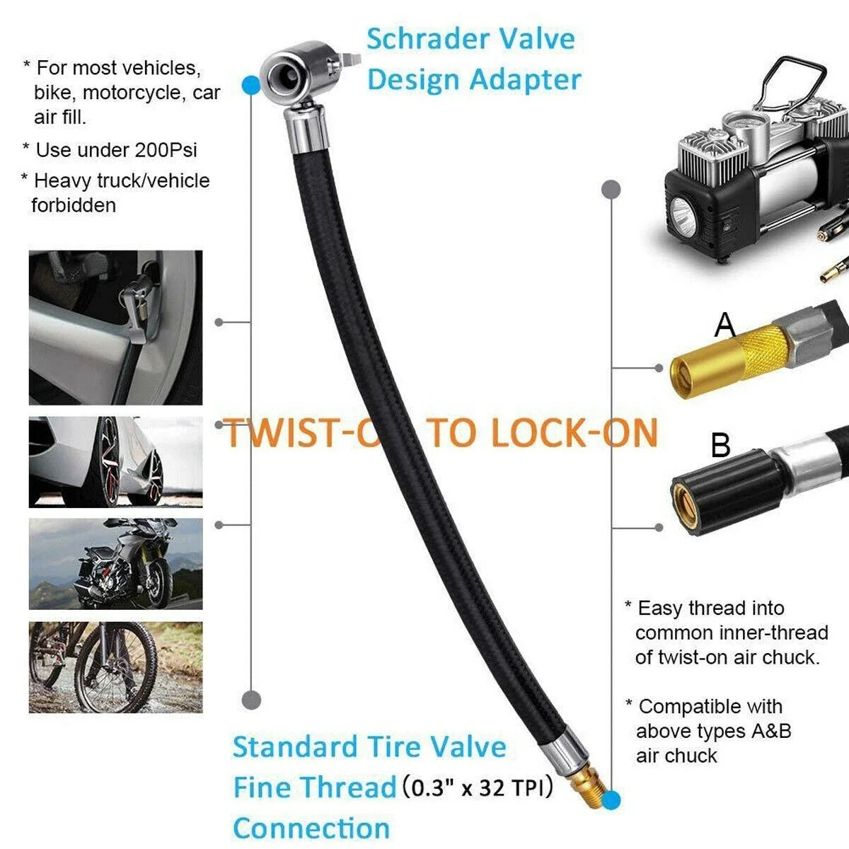 10cm Tyre Chuck Inflator Pump Extension Hose Adapter for Universal Vehicles