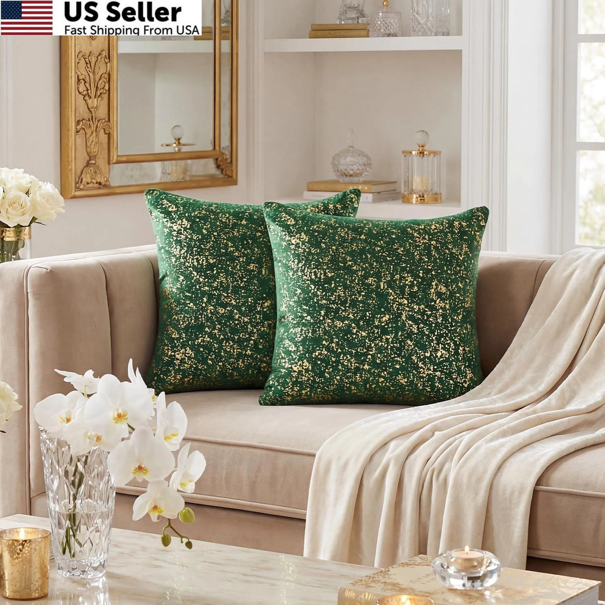 Pack of 2 Velvet Throw Pillows 18" x Green Gold Foil