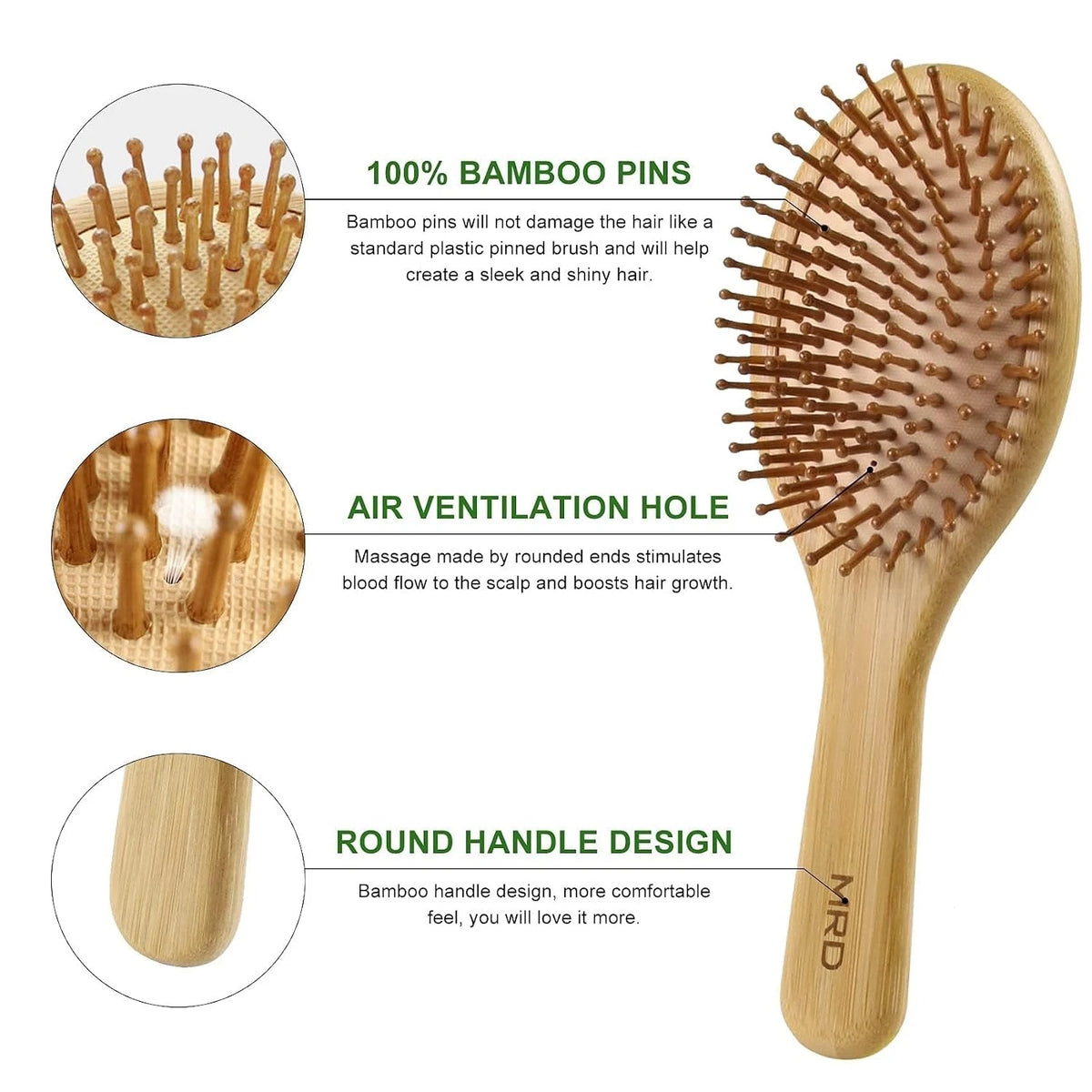 Hair Brush Set - Natural Bamboo Comb & Paddle Detangling Brushes