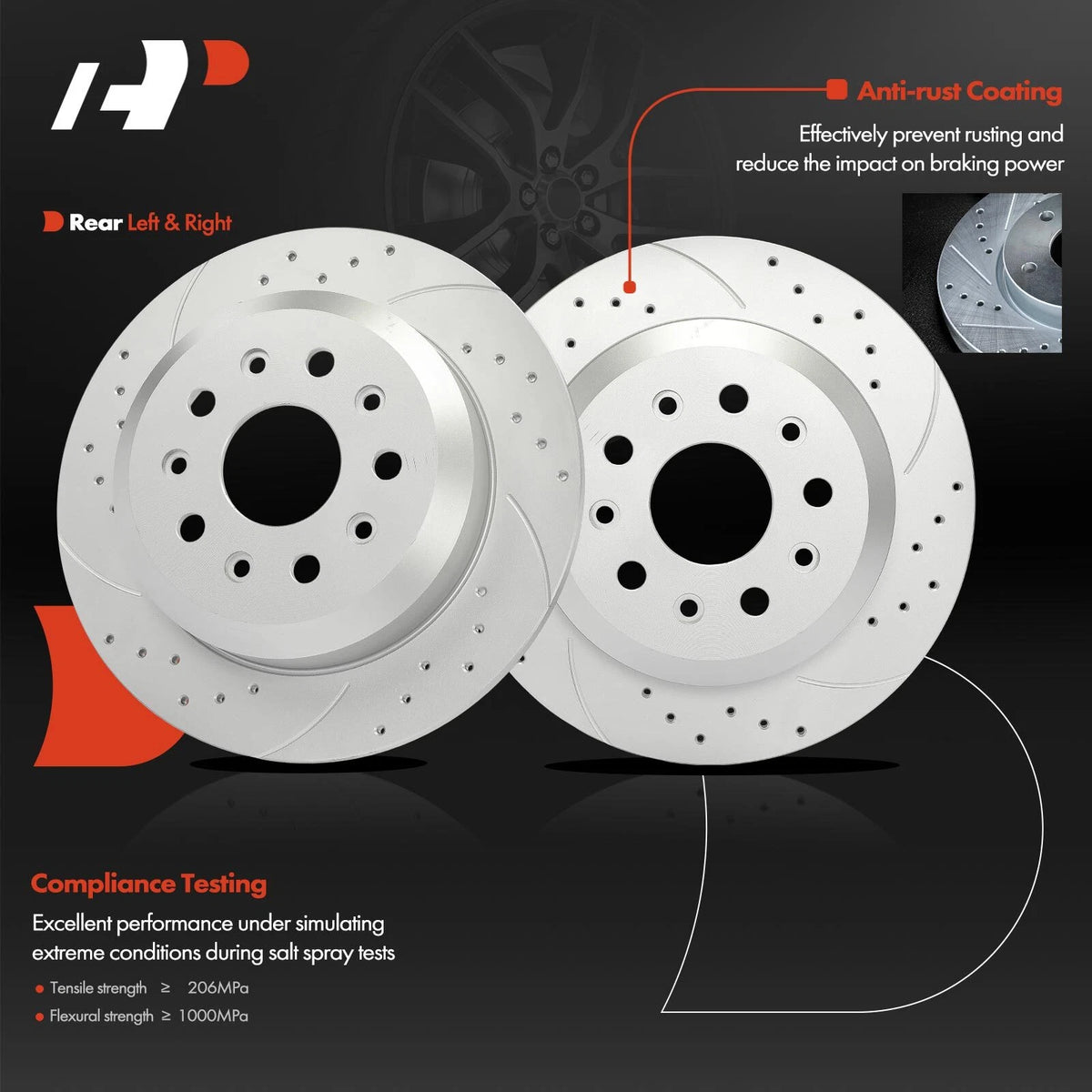 Set of 2 Rear Drilled Brake Rotors & Ceramic Pads for Jeep Wrangler JL (2018–2021) D2172, S-12158019