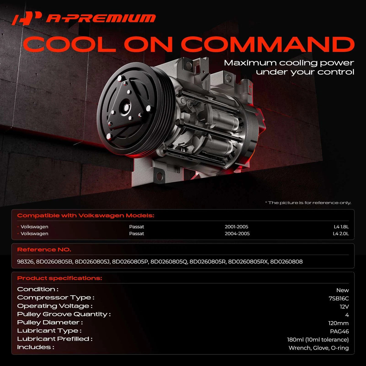 A/C Compressor with Clutch for Volkswagen Passat (2001–2005) 8D0260805B, 8D0260805J, 8D0260805P
