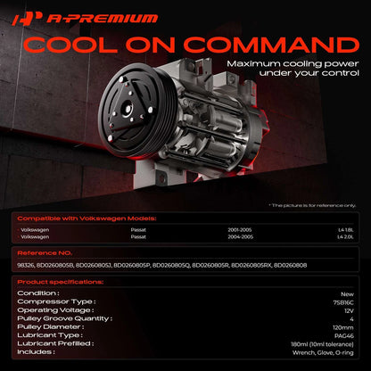 A/C Compressor with Clutch for Volkswagen Passat (2001–2005) 8D0260805B, 8D0260805J, 8D0260805P