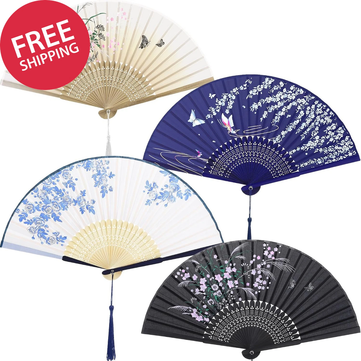 Set of 4 Folding Bamboo Handheld Silk Fabric Fans - Assorted Colors