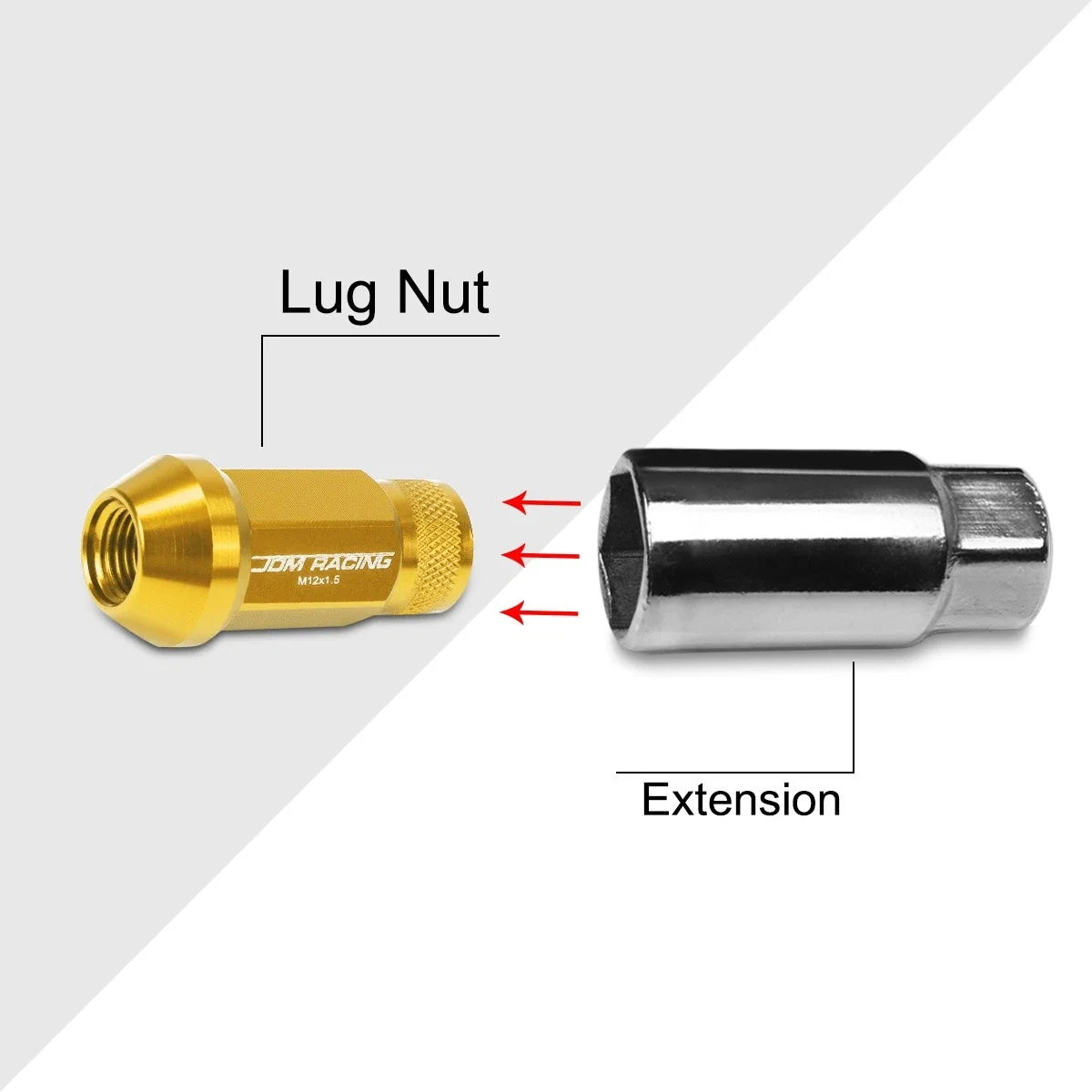 20Pc M12X1.5 Gold JDM Open End Cone Seat Wheel Lug Nuts + 25mm Extension