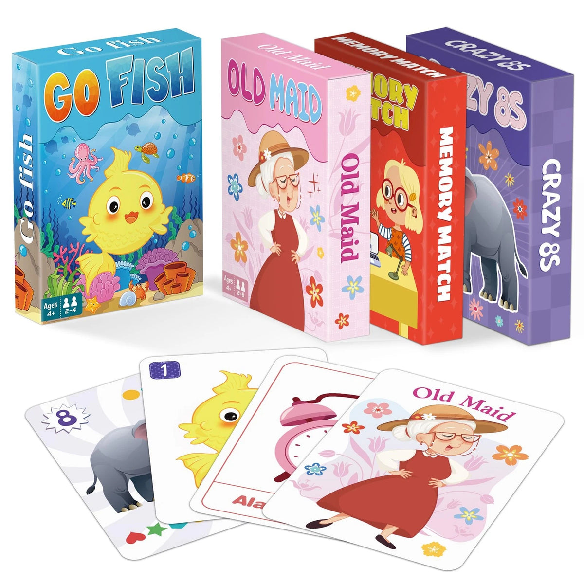 Classic Card Games Set for Kids (Go Fish, Old Maid, Memory, Crazy 8s)