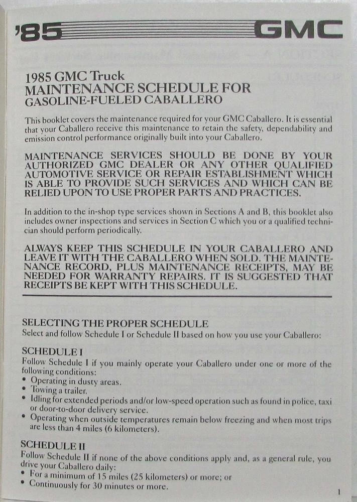 Maintenance Schedule Booklet for GMC Truck Caballero (1985)