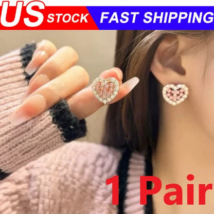 925 Sterling Silver Crystal Heart Stud Earrings for Women Girls