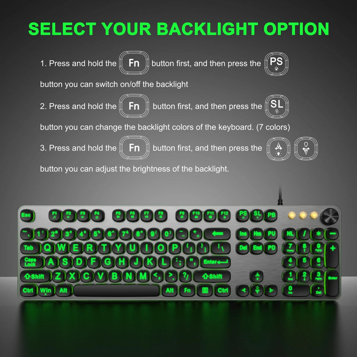 Large Print Backlit Keyboard with 7-Color Lighting, Wired USB