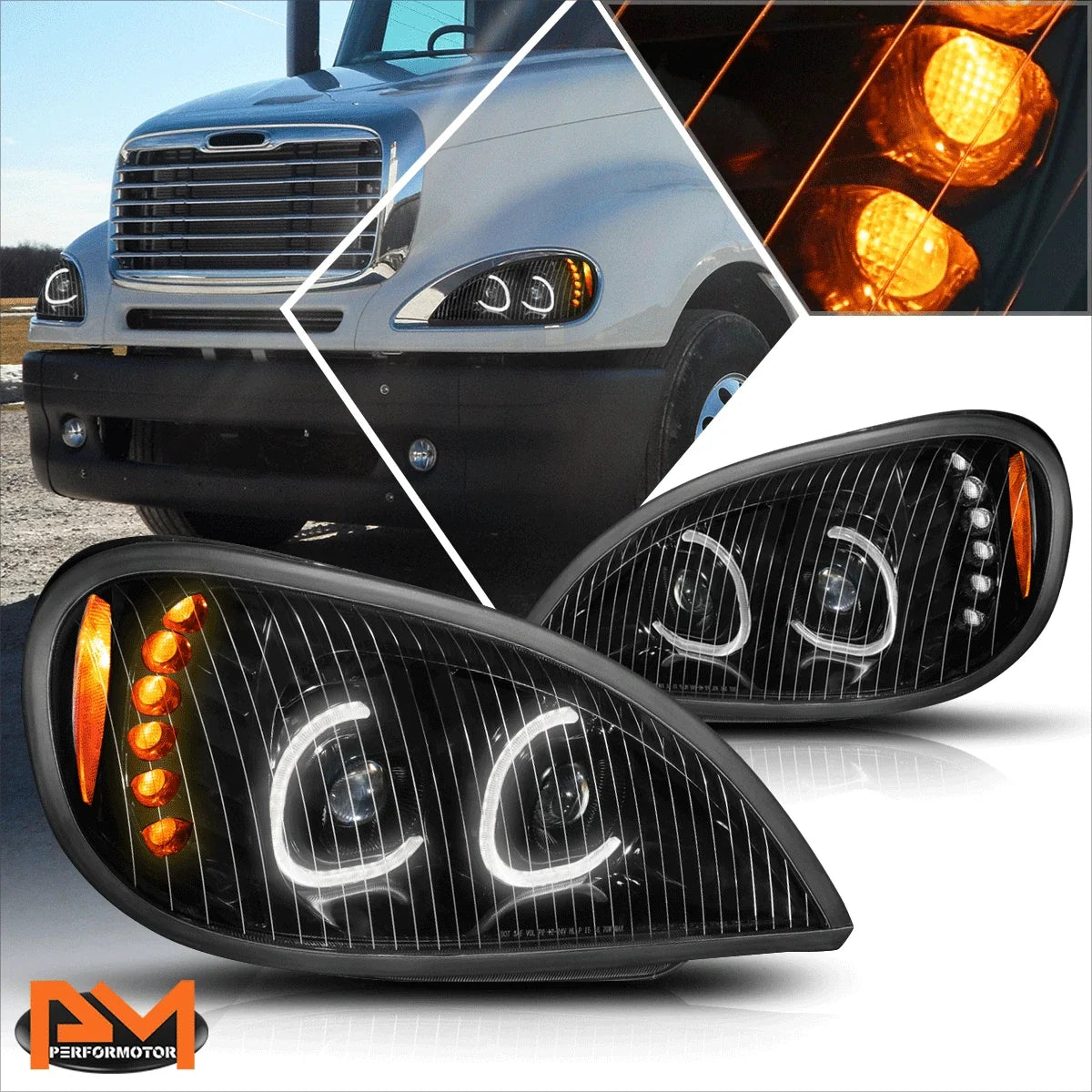 Pair of LED DRL Dual Projector Headlights for Freightliner Columbia (2004–2017)