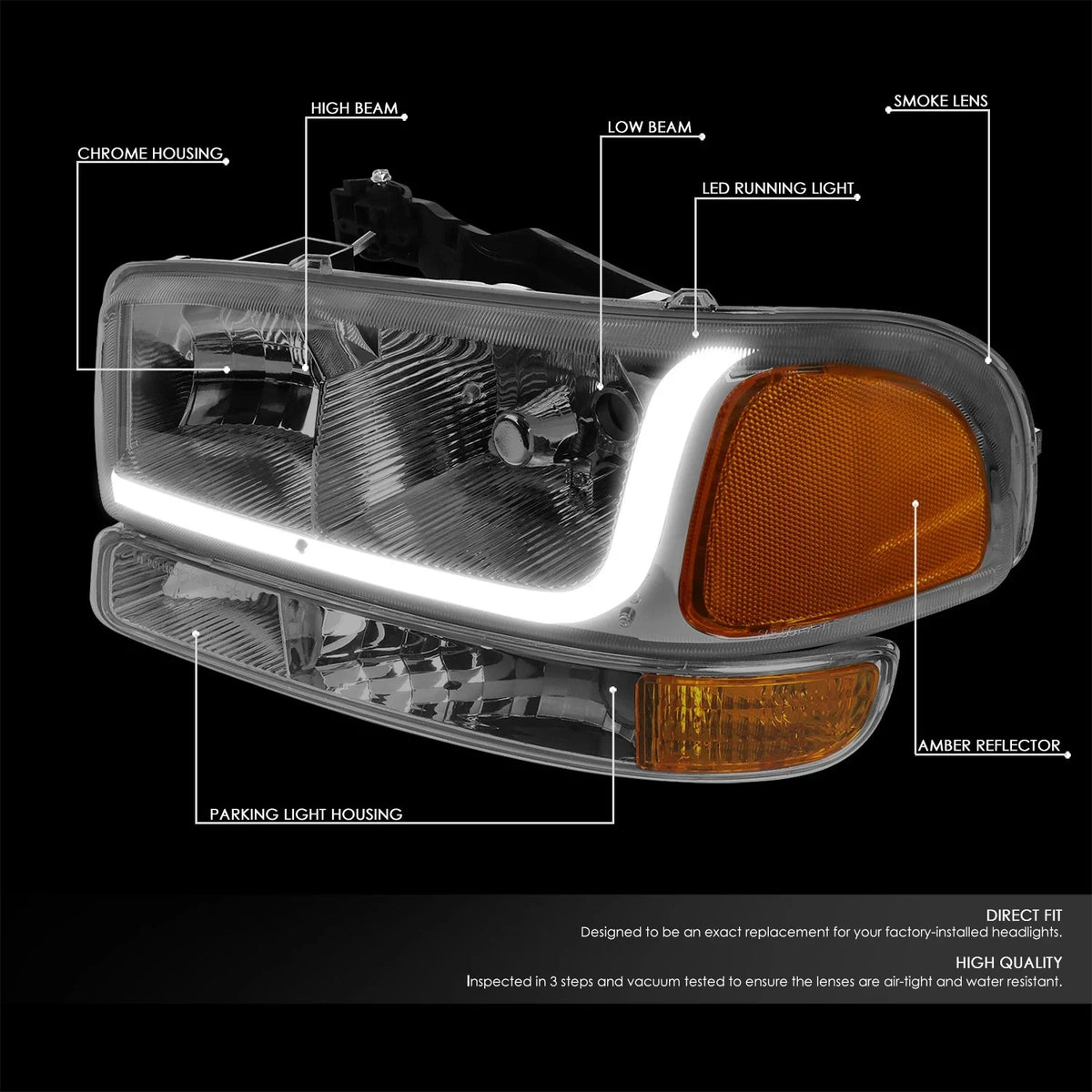 LED DRL Bar Smoked/Amber Headlight Bumper Lamp for GMC Sierra (1999–2007)