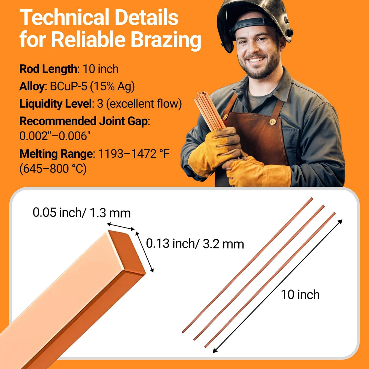 15% Silver Brazing Rods Set of 10 Sticks 0.050 x 1/8 x 10 HVAC Plumbing