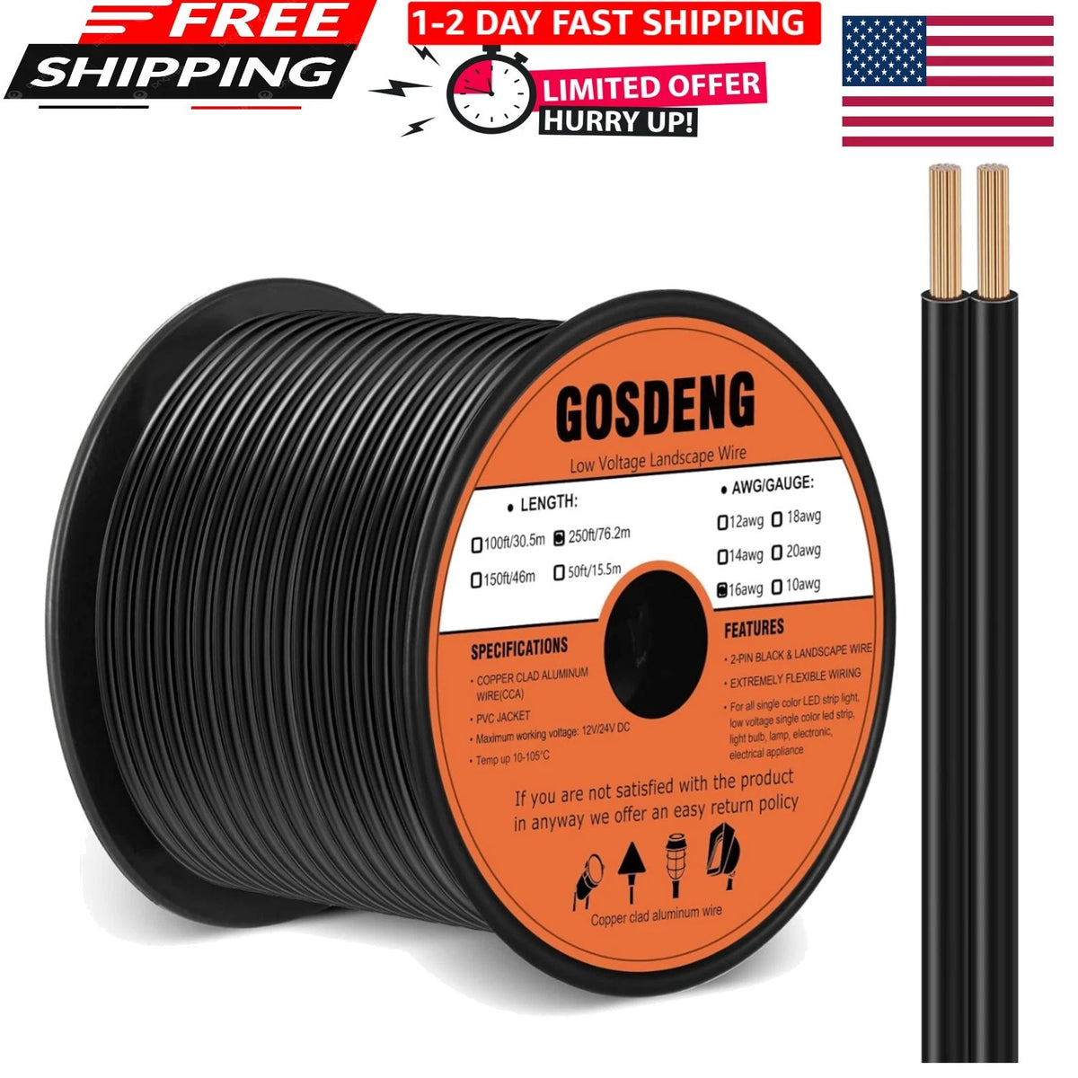16/2 Gauge Low Voltage Landscape Lighting Wire for Outdoor Use (250FT)