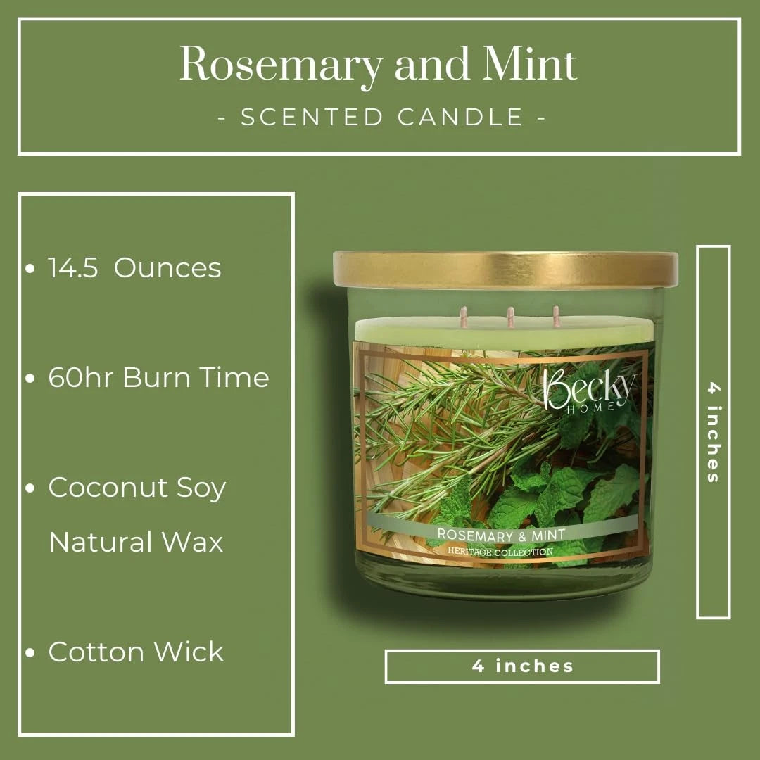 3 Wick Candle for Home (14.5oz) - Rosemary Mint, Light Green