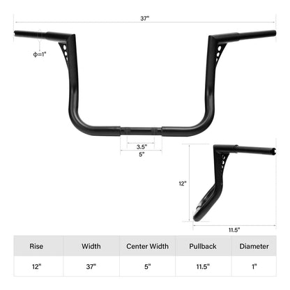 12" Rise Ape Hanger Bar for Harley Dresser Baggers Touring Glide (Fits 1-1/4")