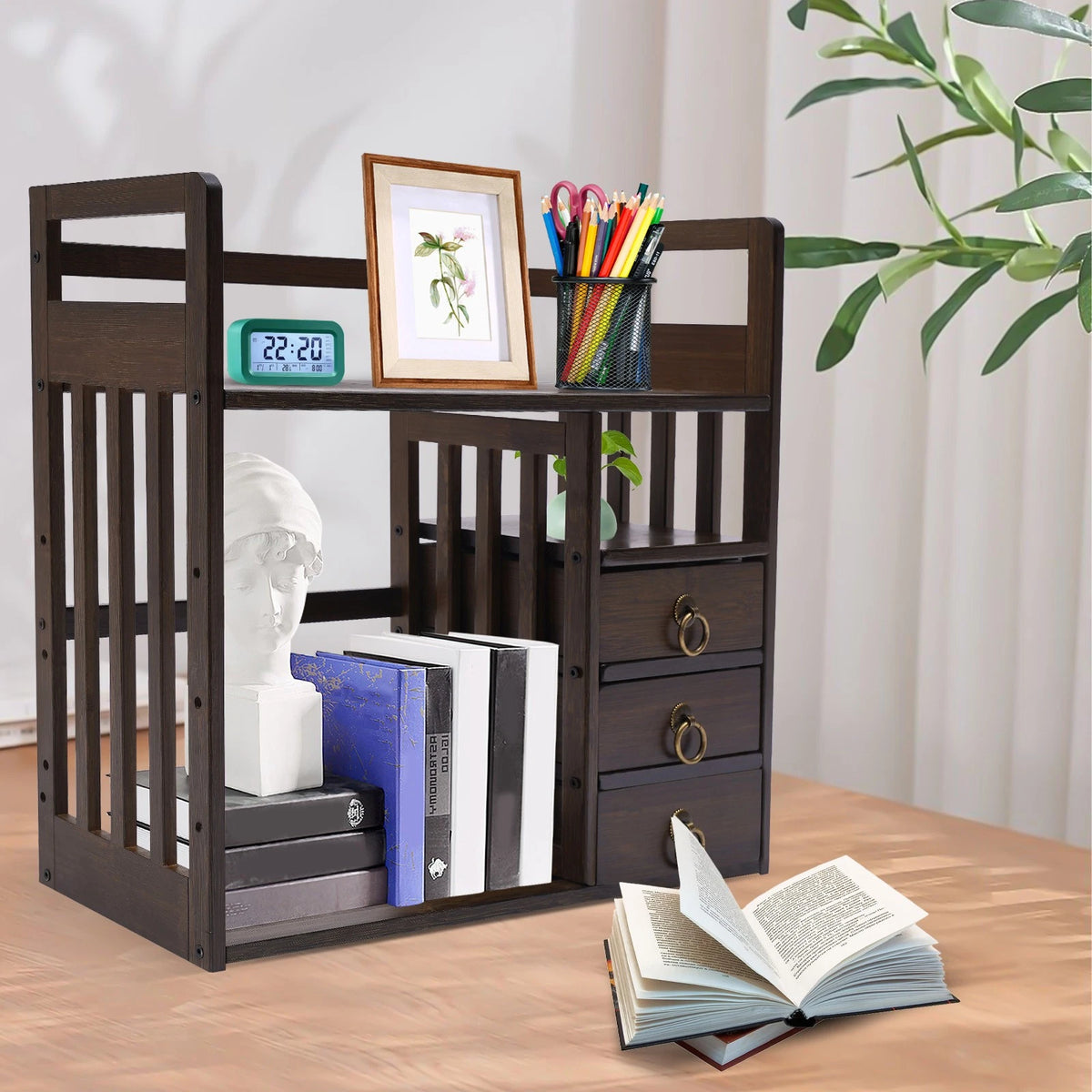 Bamboo Bookshelf Desktop Organizer with 3 Drawers for Office