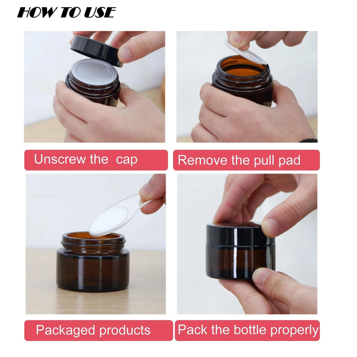 Set of 4 Round Amber Glass Jars 0.5Oz for Cosmetic Samples