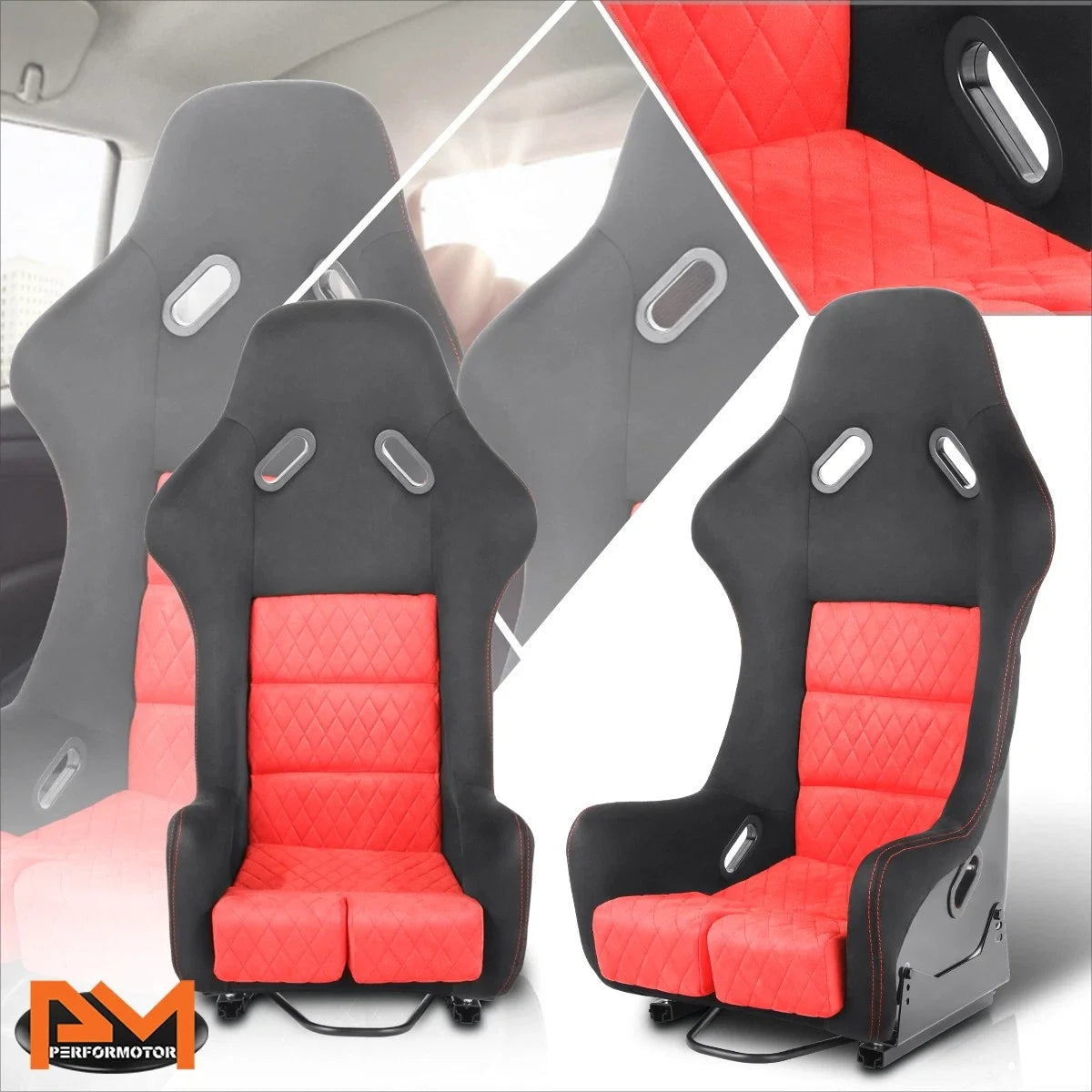 Pair Racing Bucket Seats for Universal Fit (Suede Leather, Red)
