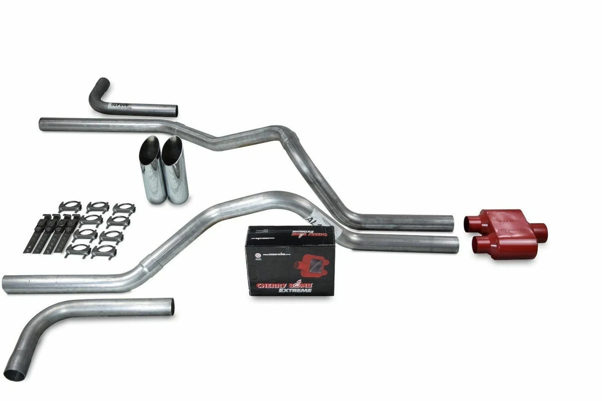 2.5" Dual Exhaust Kit for Chevy GMC 1500 (1999–2006) Cherry Bomb Extreme Slash Tip