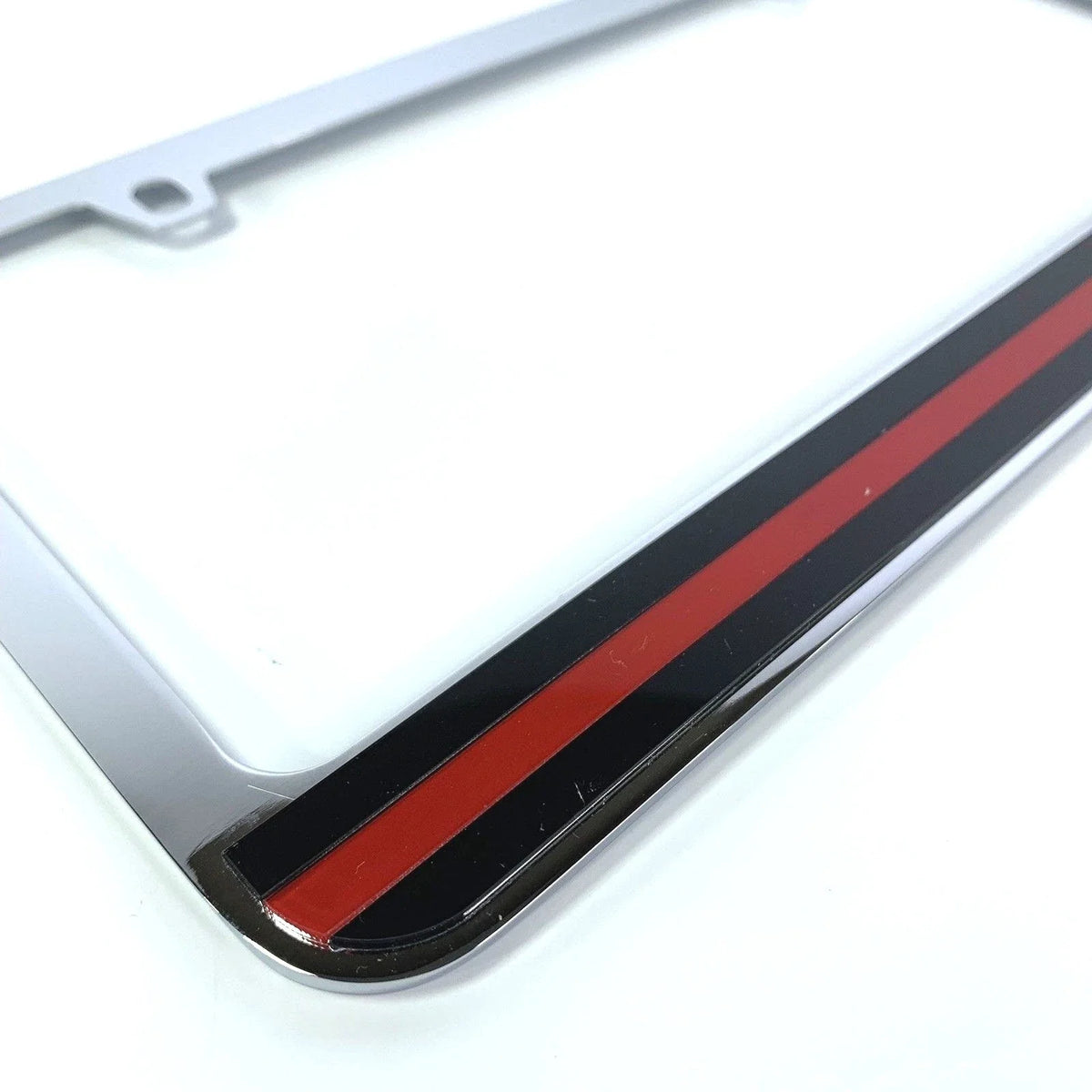 License Plate Frame Thin Red Line Chrome Premium for Made in USA Firefighter