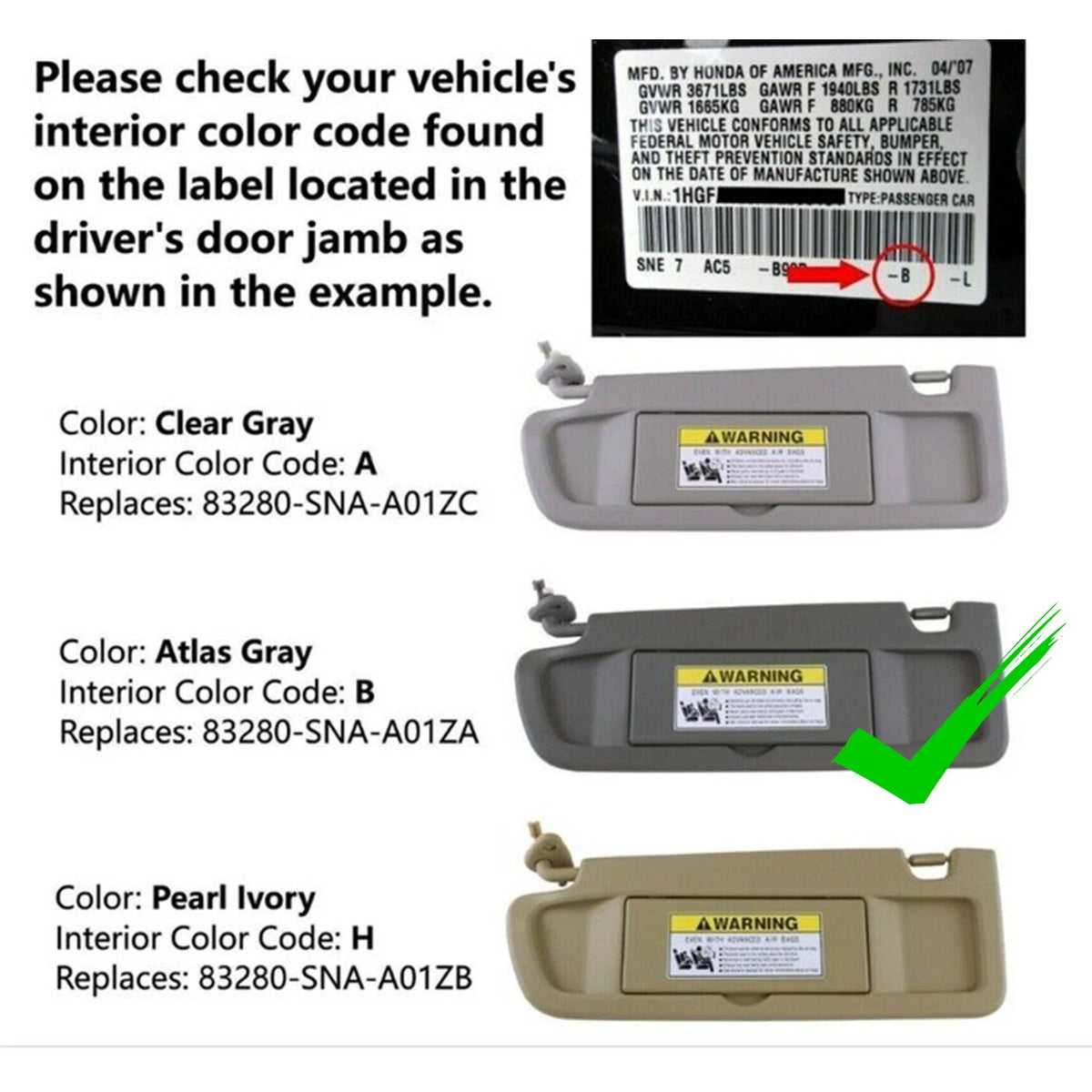 Left Driver Side Dark Gray Sun Visor for Honda Civic (2006–2011)