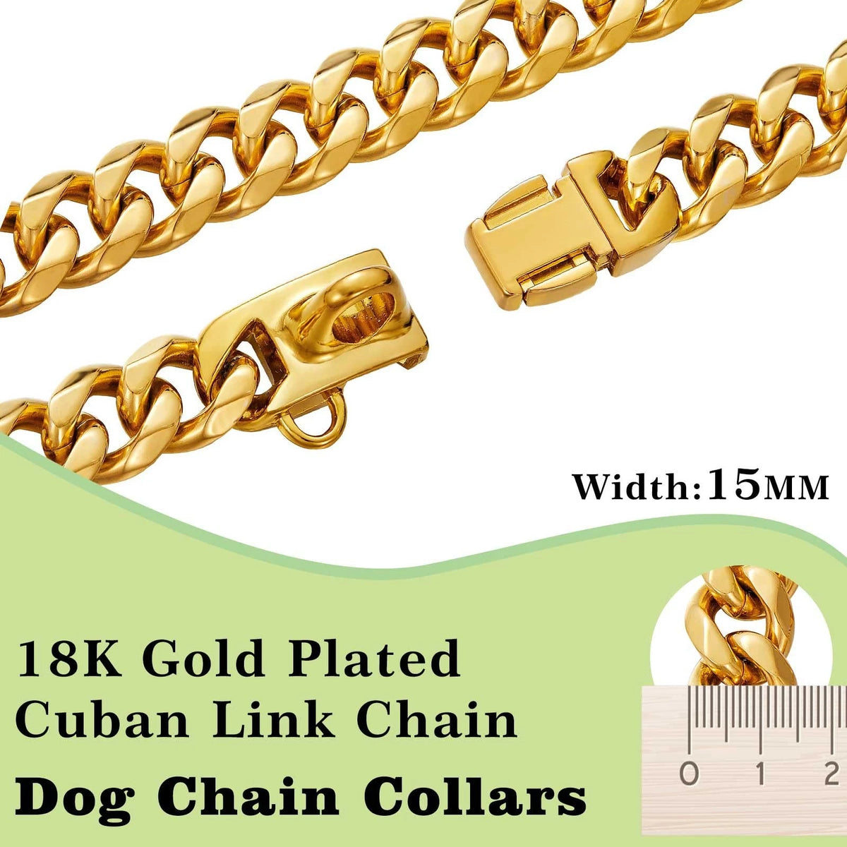 Stainless Steel Dog Collars with Safety Buckle Lock (18K Cuban Link)