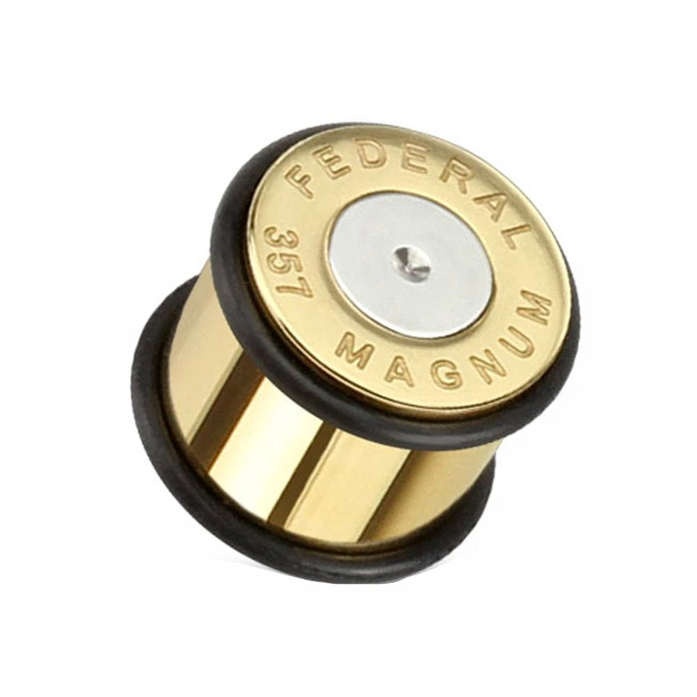 Pair of 0 Gauge Gold IP Large .357 Bullet Surgical Steel Ear Plugs