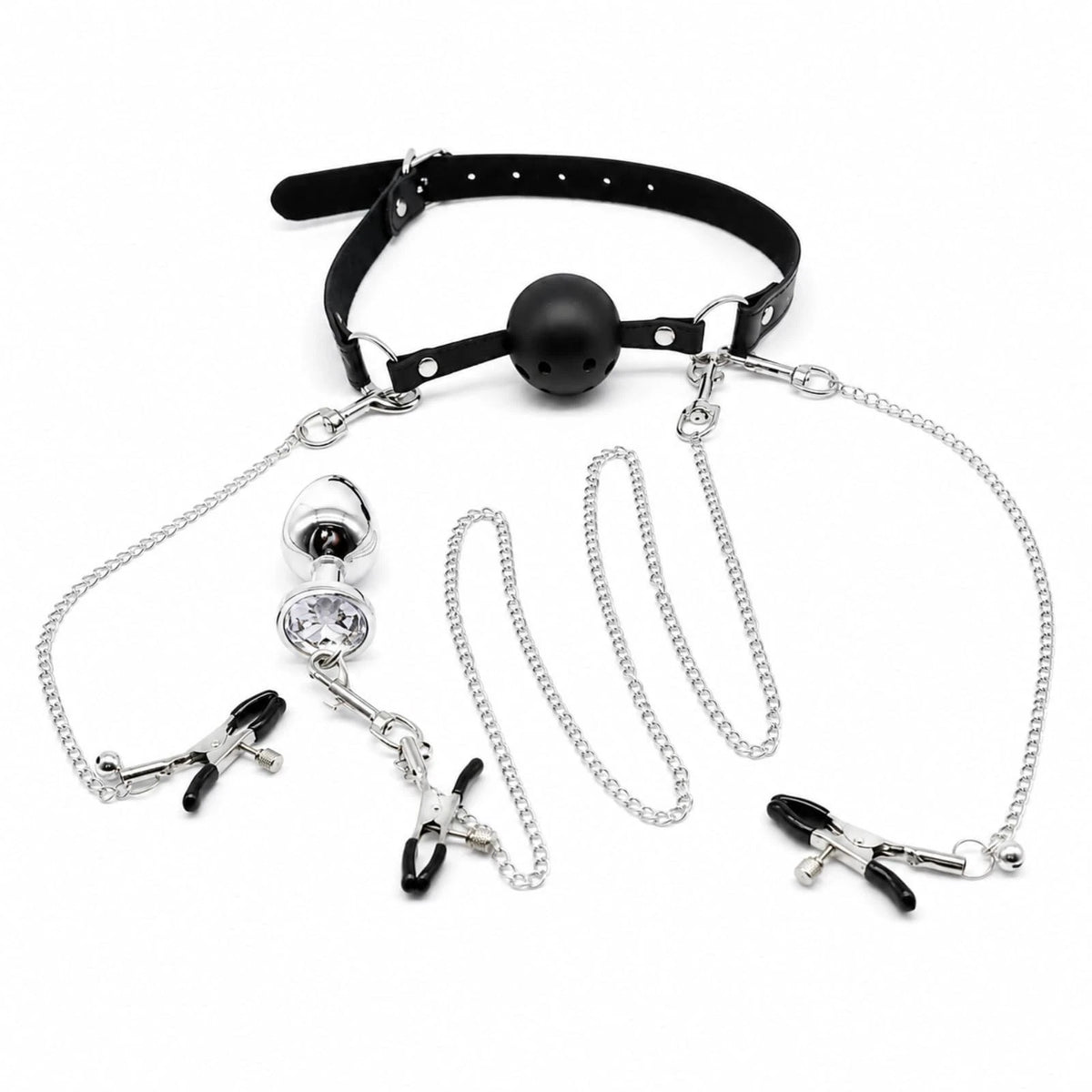 Vented Mouth Ball Gag with Nipple Clamps & Anal Toy Kit for BDSM