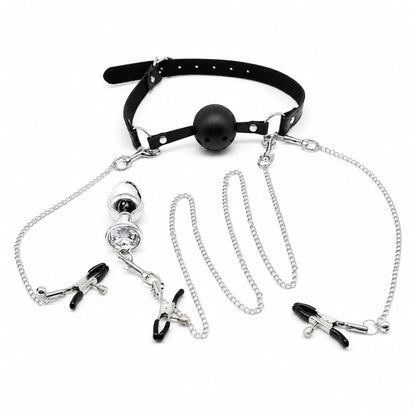 Vented Mouth Ball Gag with Nipple Clamps & Anal Toy Kit for BDSM