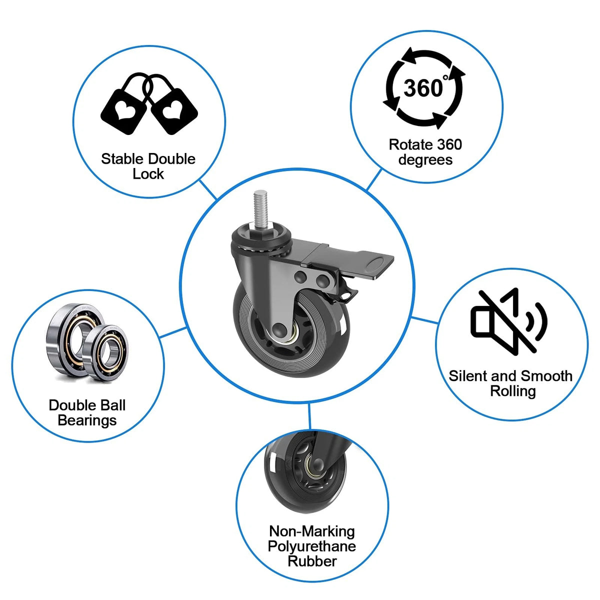 Set of 4 Swivel Stem Caster Wheels 3" (2 with Brake, 2 without) Black