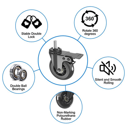Set of 4 Swivel Stem Caster Wheels 3" (2 with Brake, 2 without) Black