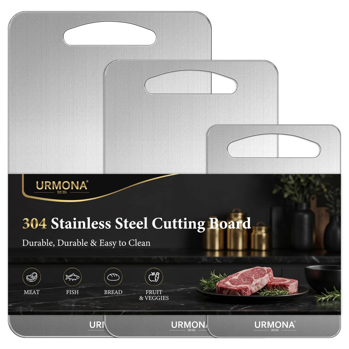 3-Piece Stainless Steel Cutting Board Set for Kitchen (S, M, L)