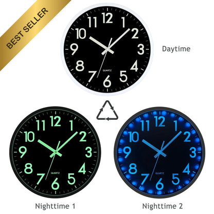 12 Inch LED Wall Clock for Modern Decor (Glow in Dark, Silent, Sound Control)