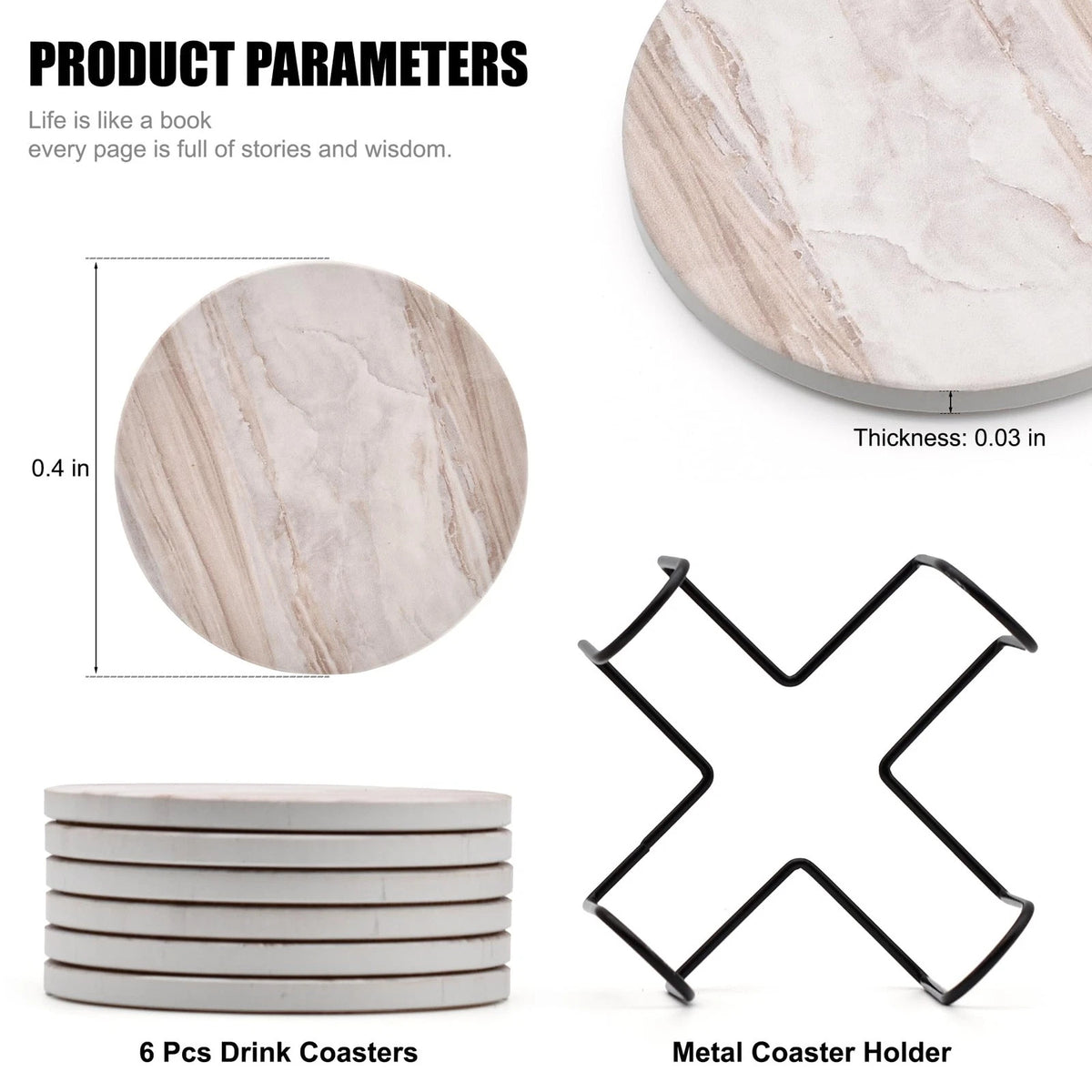 Set of 6 Marble Style Ceramic Drink Coasters for Home Use