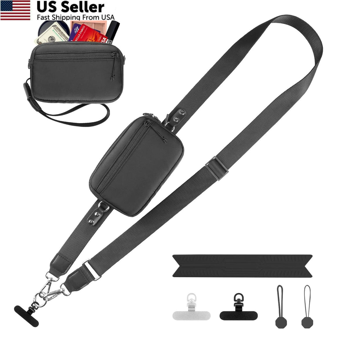 Clip and Go Strap for Phone with Wallet Crossbody (Medium, Black)