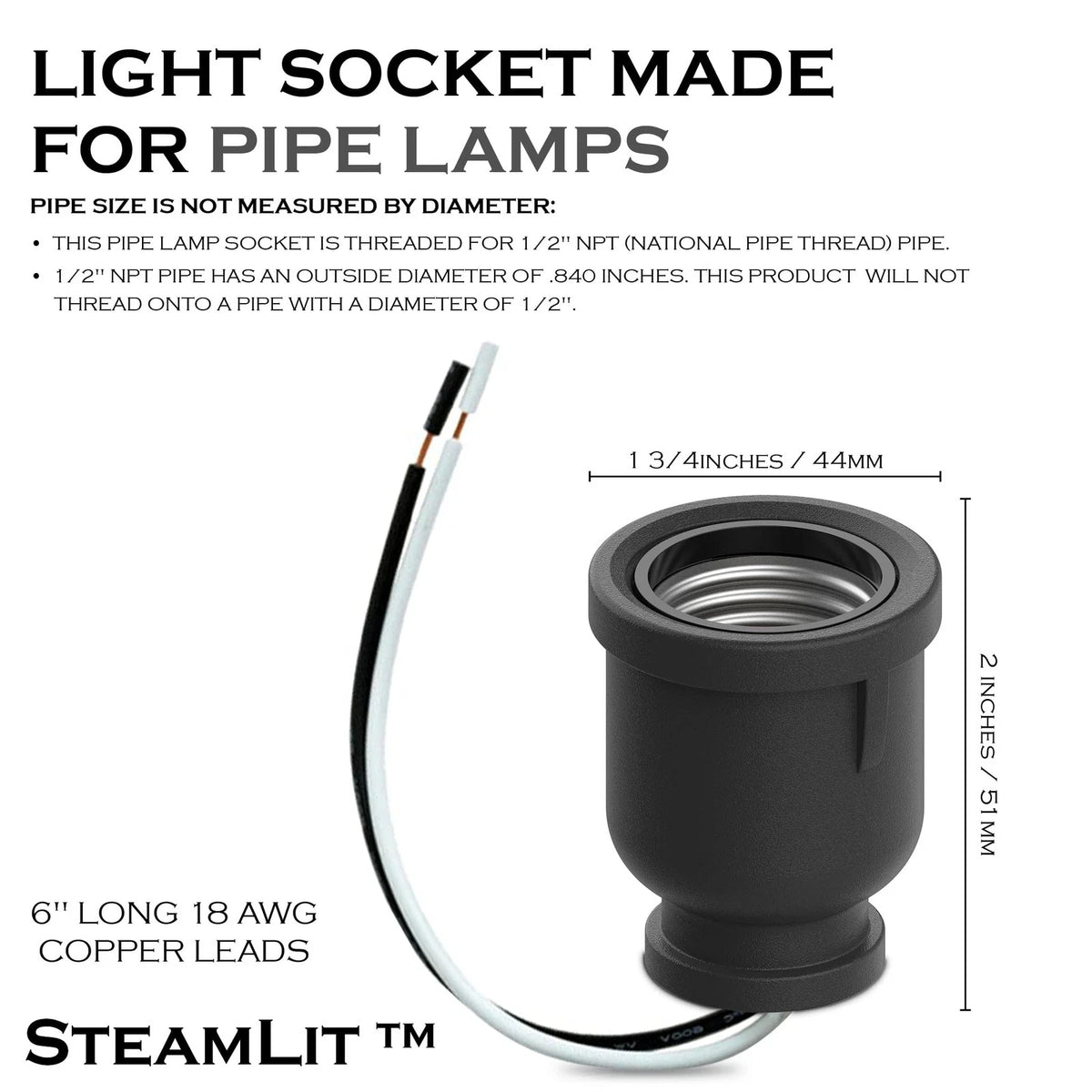 Iron Pipe Lamp Socket for 1/2 Inch NPT (Black)
