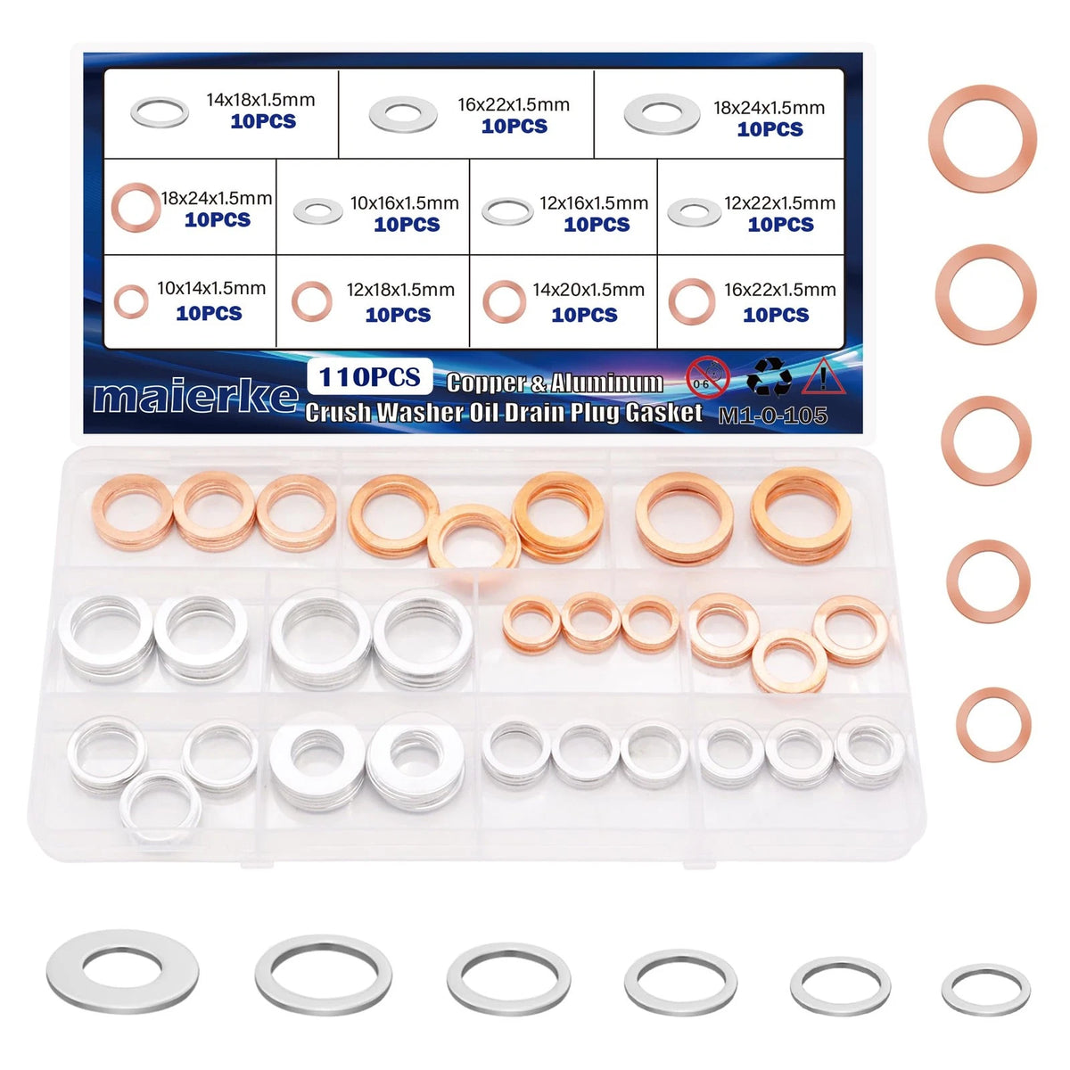 110PCS Crush Washer Oil Drain Plug Gasket Set (M10-M18)