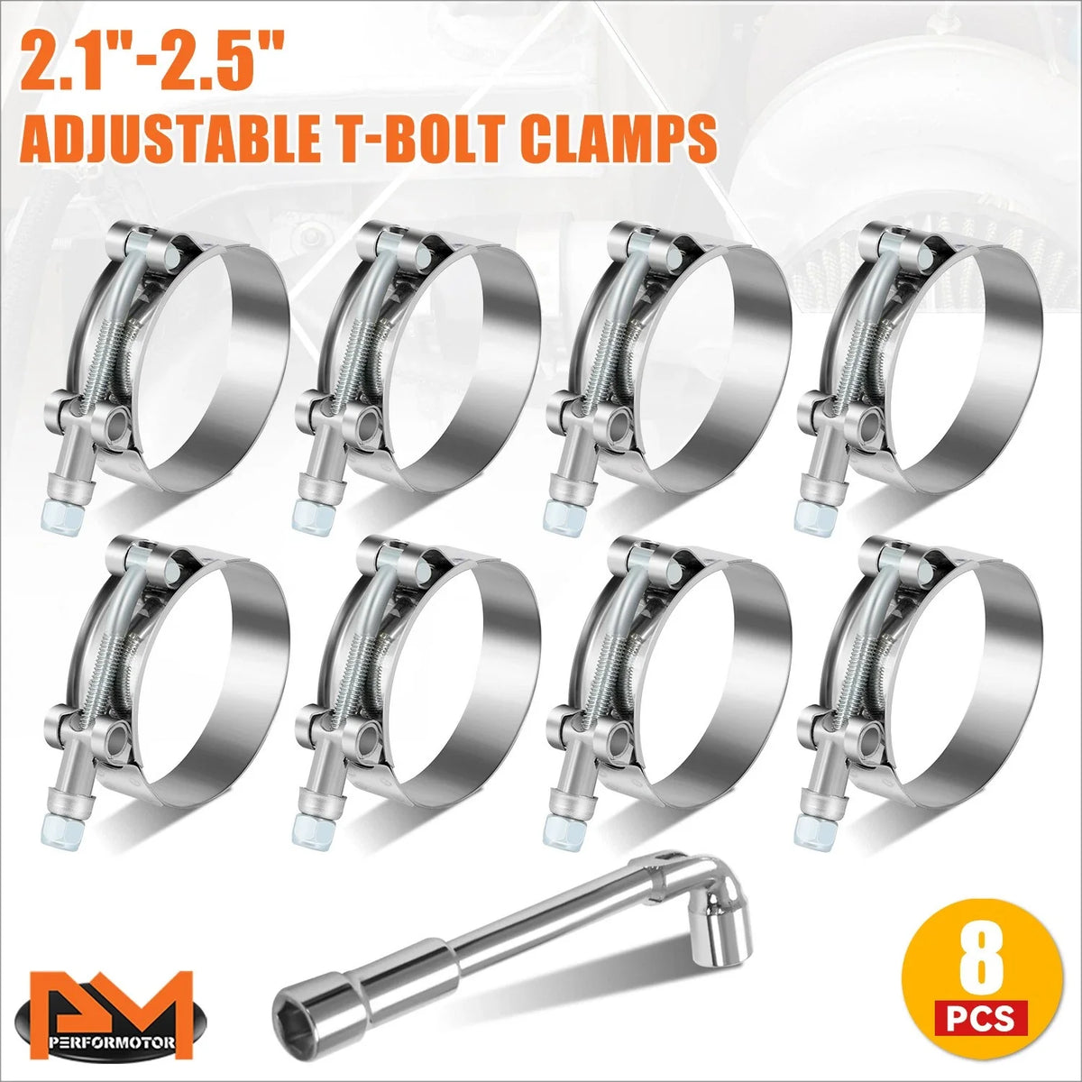 Set of 8 Stainless Steel T-Bolt Clamps for Turbo Intake (Universal)