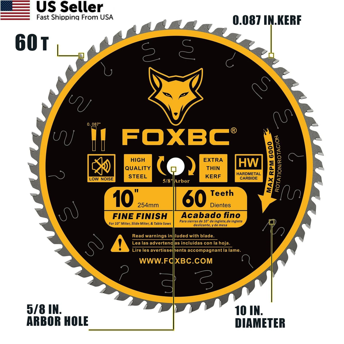 10 Inch Thin Kerf Fine Finish Crosscut Table Saw Blade, 60-Tooth