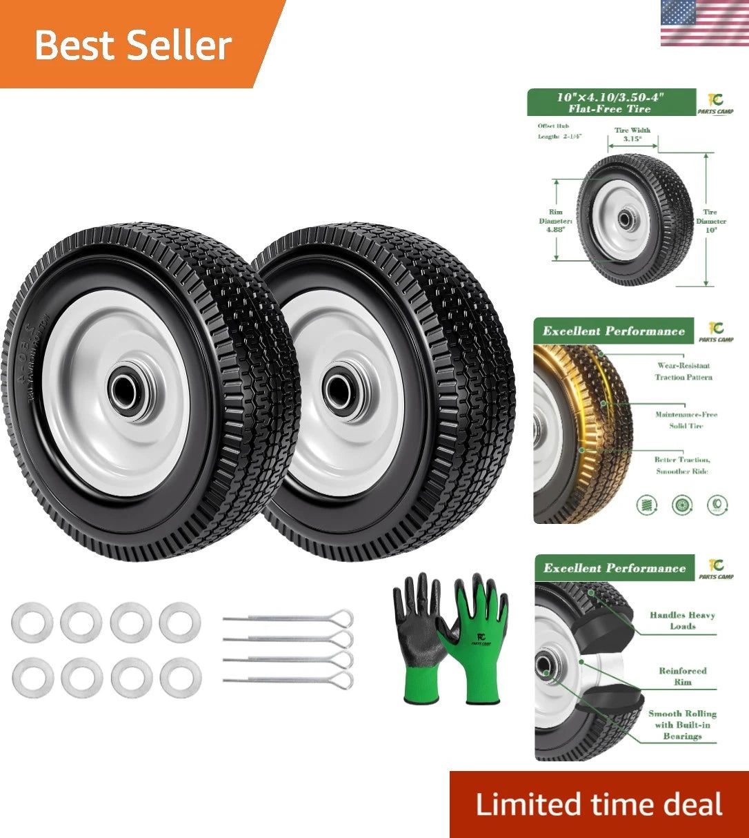 Set of 2 Heavy-Duty 10” Flat-Free Tires & Wheels for Lawn Equipment