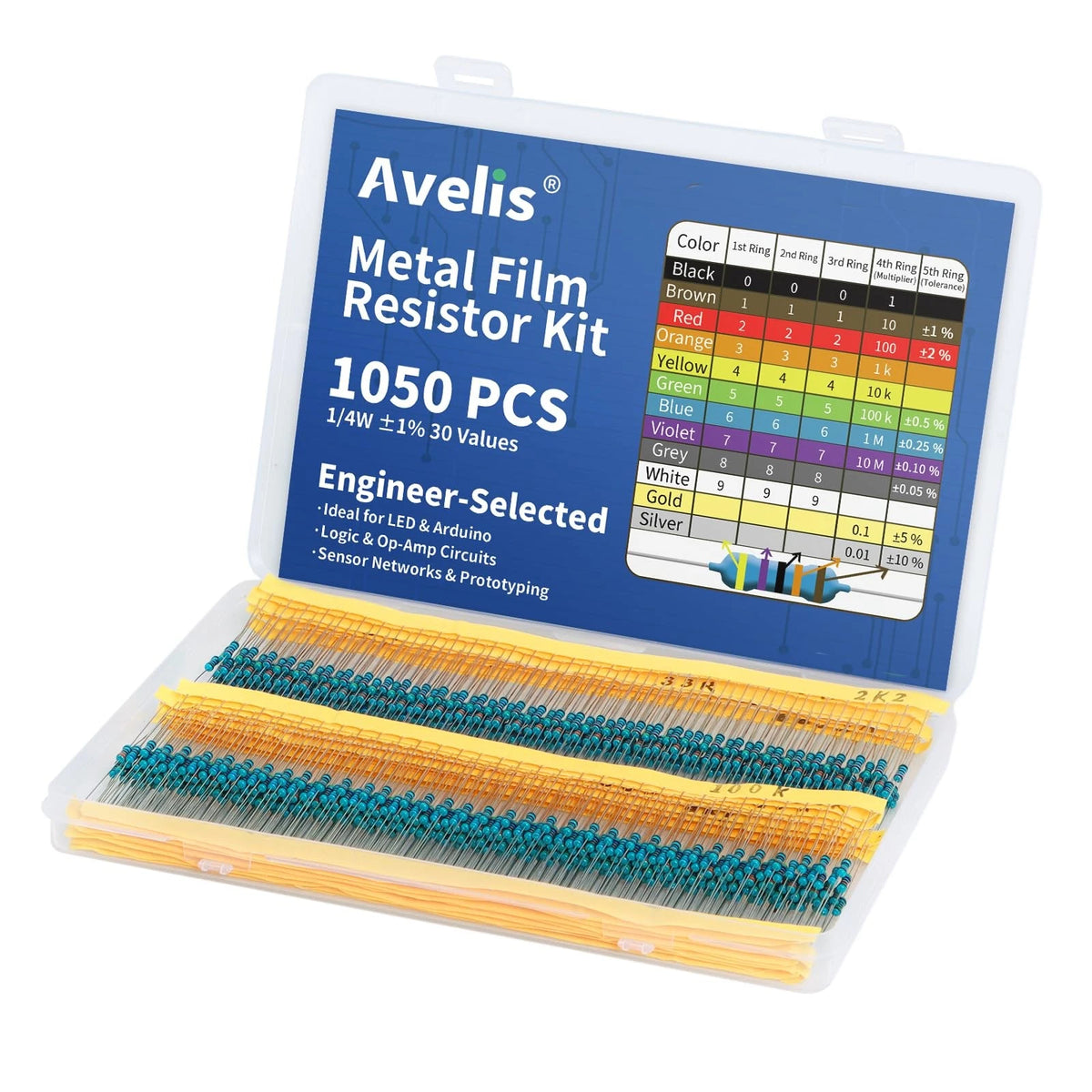 Resistor Kit 1050 Pcs 30 Values 1/4 W ±1% Metal Film Fixed Resistors