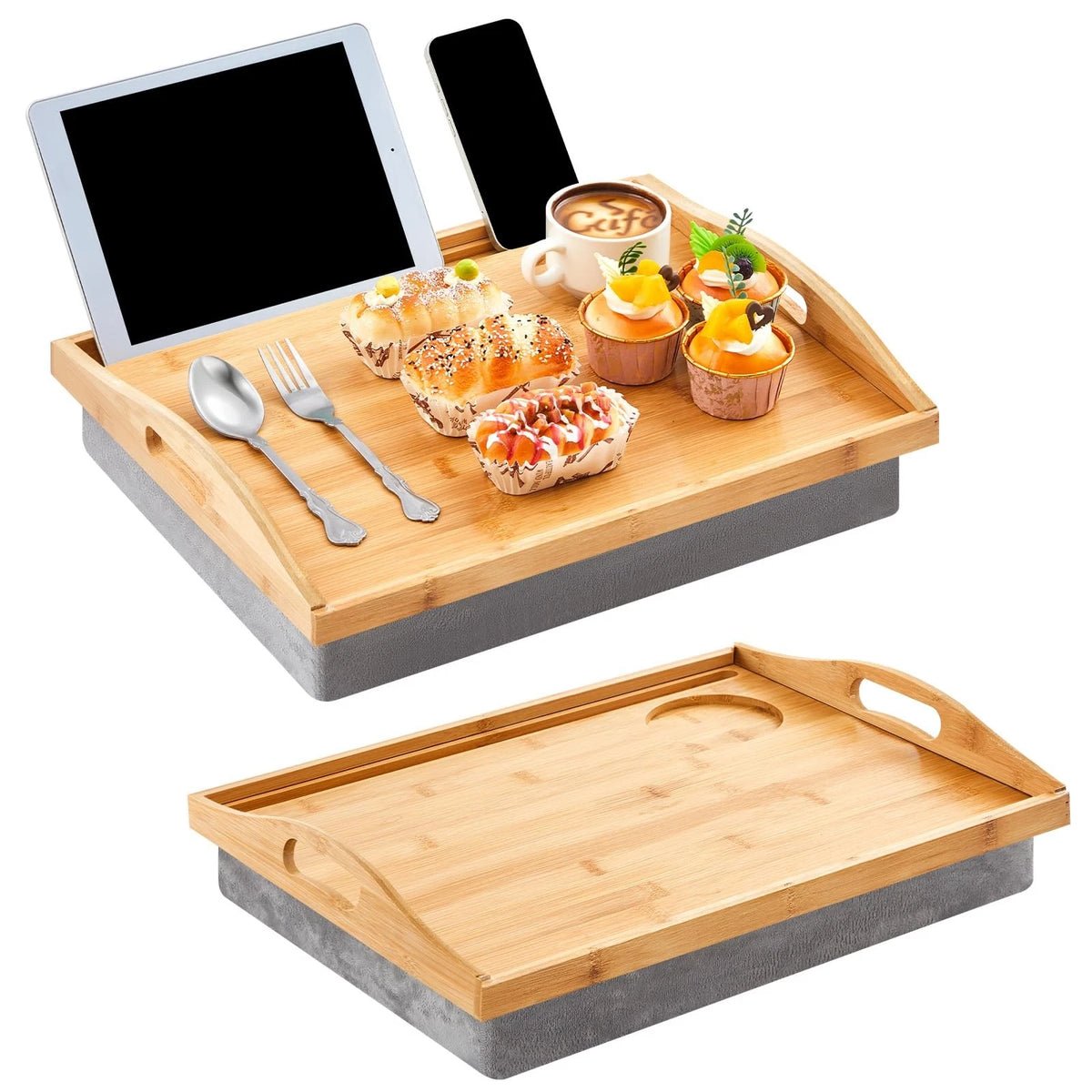 2X Bamboo Lap Tray with Detachable Pillow for Bed and Food Serving