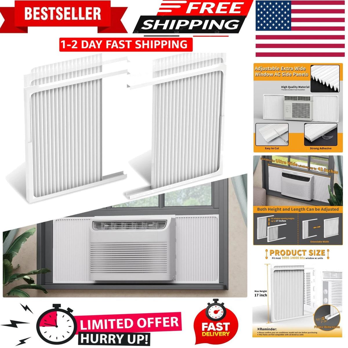 Set of Adjustable Window Air Conditioner Side Panels for Extra Wide AC