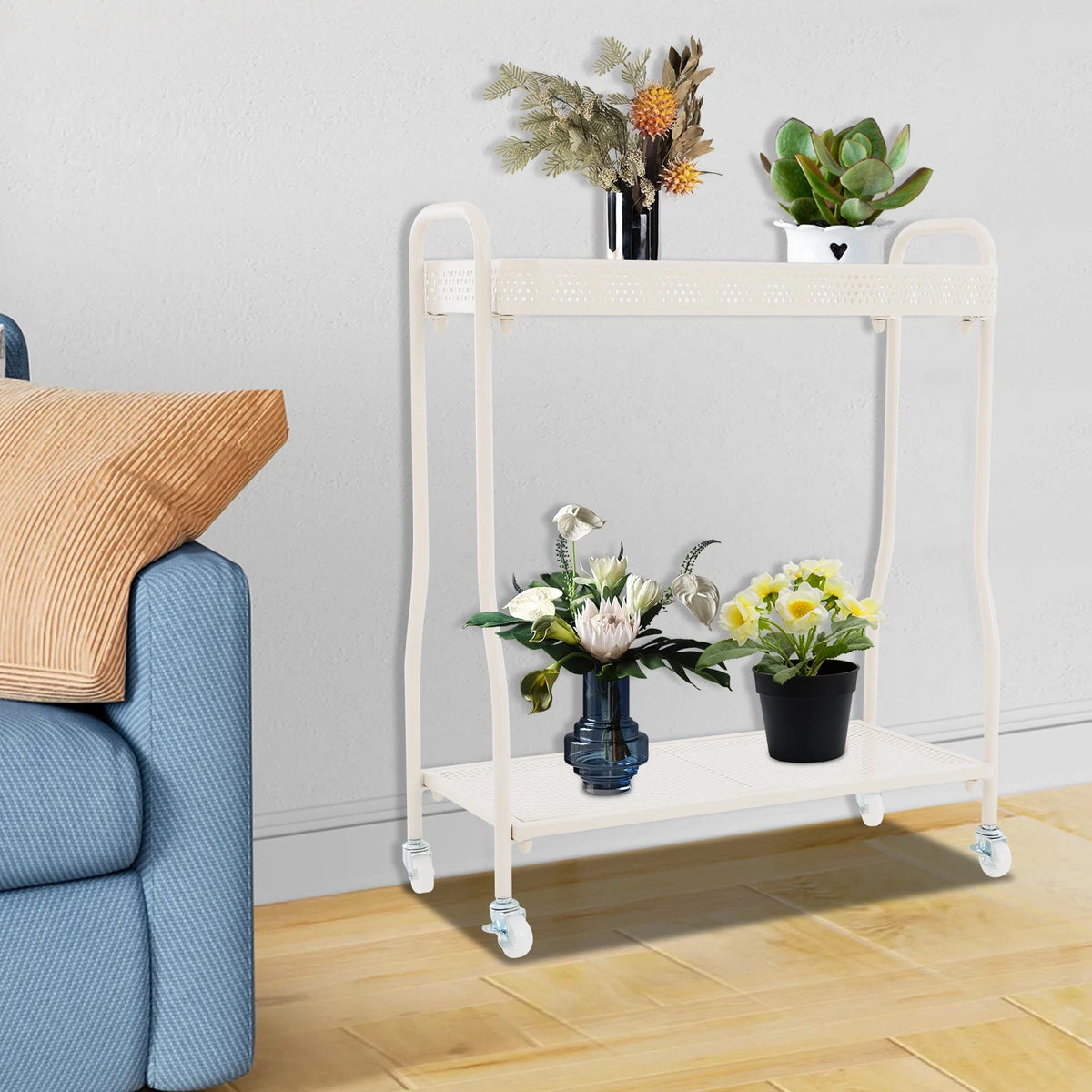 2-Tier Metal Plant Stand with Wheels for Living Room Balcony
