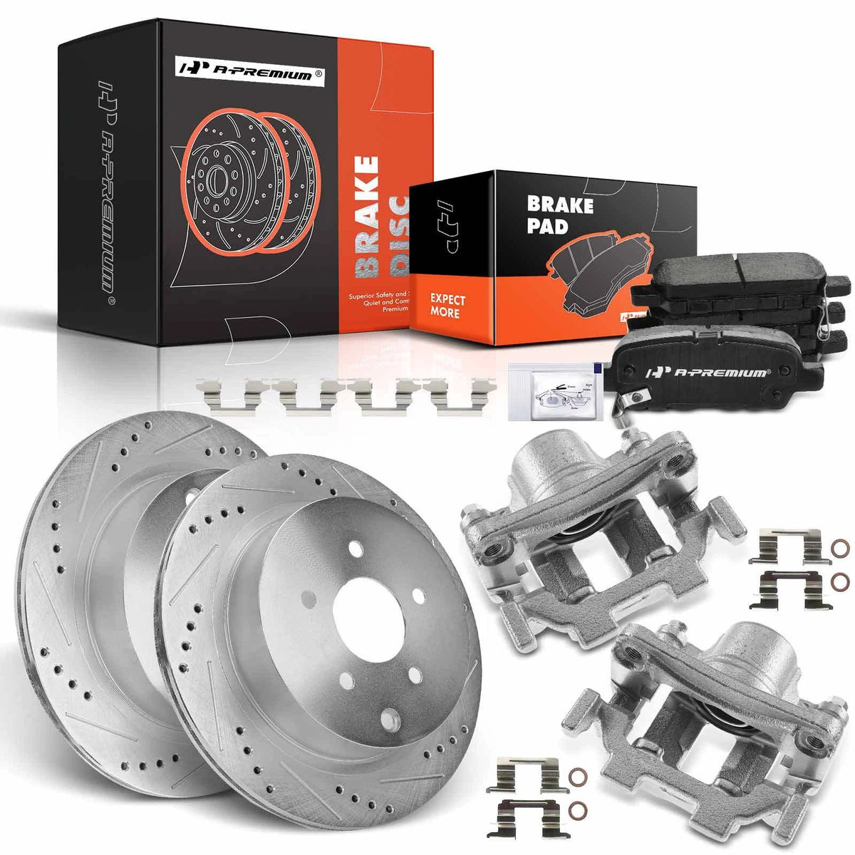 8Pcs Rear Drilled Rotor & Pad + Caliper for Nissan Murano Pathfinder (2003–2023) - 43206CA000, 43206CK000, 44060-AL585