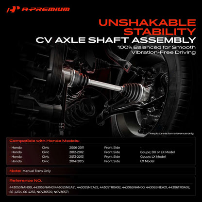 A-Premium 2X Front CV Axle Assembly for Honda Civic (2006–2015) 44306SNAN00, 44306SNEA21, 44306TR0A92, 44305SNAN00